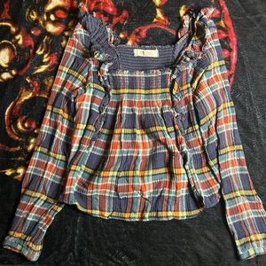 We the Free rainbow plaid ruffle blouse